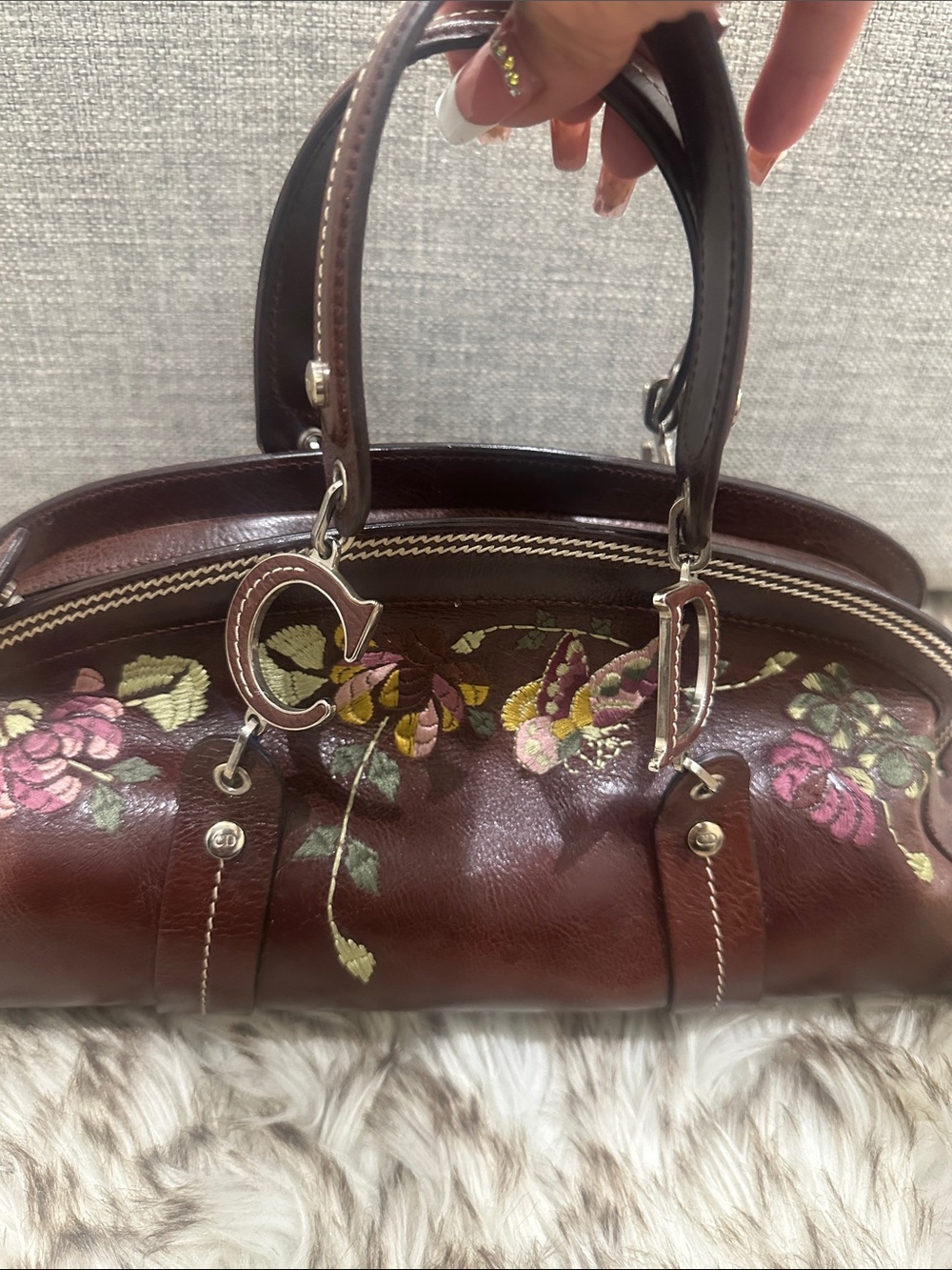 DIOR Burgundy -Dark Brown leather CD Bag with Pink & Green Floral Embroidery - Picture 11 of 14